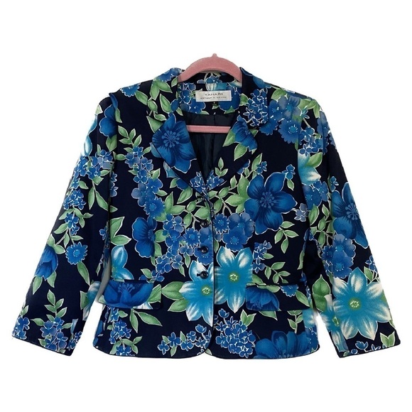 Tahari Women's Blue and Green Floral Blazer Size 6 - Picture 1 of 10